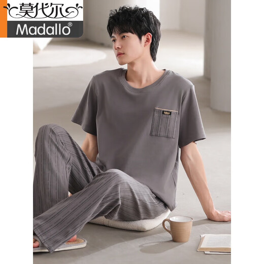 Modal men's pajamas in summer new short-sleeved trousers pullover casual simple large-size teenager men's home clothing suit 12014 L (110-130Jin[Jin equals 0.5 kg])