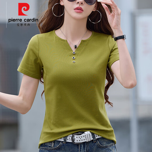 皮尔卡丹（pierre cardin）2025夏季新款正肩设计感宽松v领棉短袖女t恤高端气质百搭衫 6621玲珑紫 (纯色款) XL 建议115-125斤