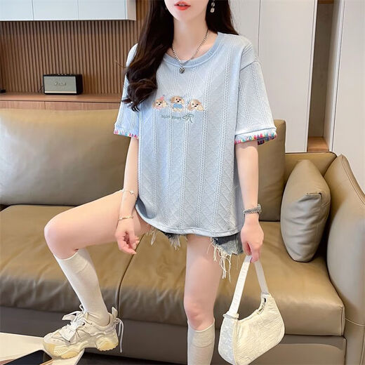 AEMAPE夏装女装刺绣白色短袖T恤女2025新款夏季小个子上衣夏天衣服 KM9277-杏色 L 建议110-125斤