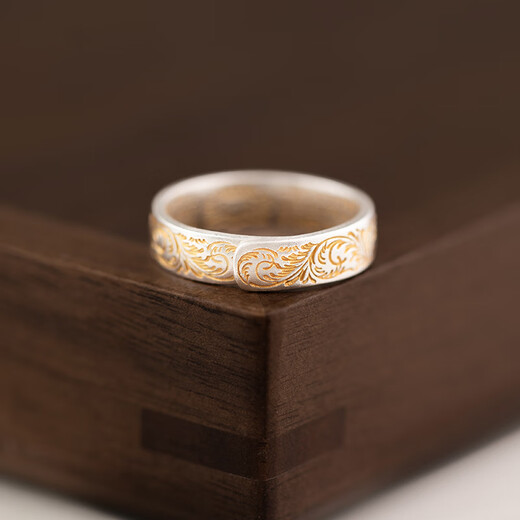 Fat Donglai DL Chinese Valentine's Day gift 999 pure silver Tangcao pattern gold solid open ring ring inner wall heart sutra retro joy