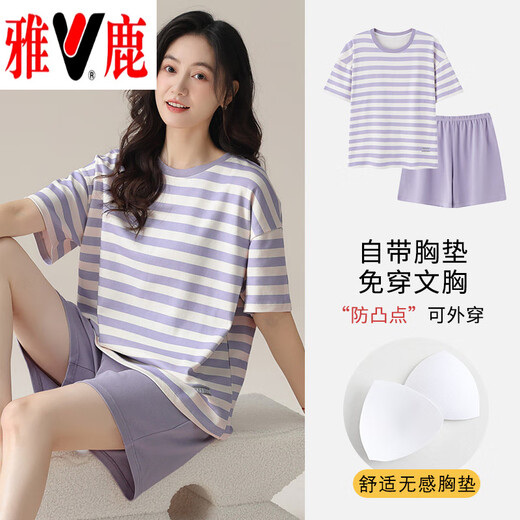 雅鹿棉质短袖睡衣女夏季薄款带胸垫甜美少女学生圆领夏天家居服 短//袖短//裤：B12241 XL 女110-125斤】