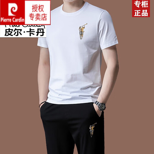 皮尔卡丹夏季男士休闲短袖t恤运动套装薄款冰感桑蚕丝中年潮流两件套针织 旗舰官方-黑色两件套【13062】 M 170(建议90-120斤)