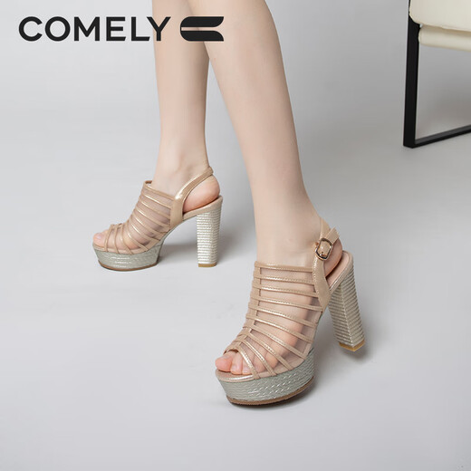 康莉（COMELY）商场同款高跟凉鞋女25年夏季防水台鱼嘴凉鞋罗马凉鞋 金色 36