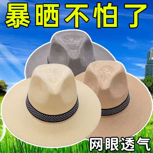 NKADDS男防晒竹编大沿帽春夏天款男士草帽西部牛仔帽礼帽帽子遮阳帽海边 白色遮阳透气