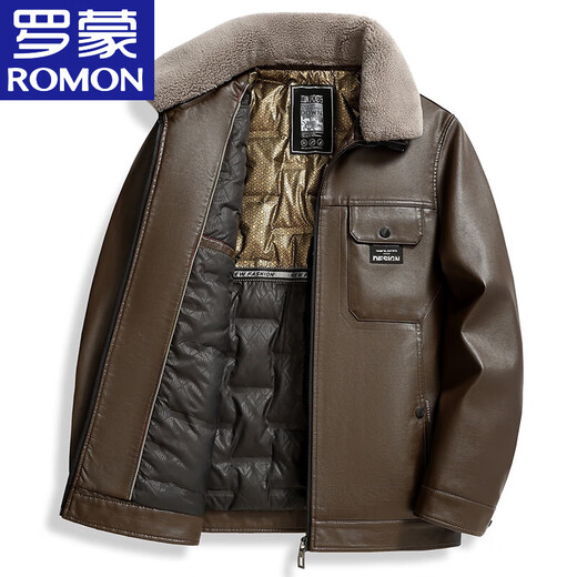 ROMON leather down men's 2026 autumn and winter new thickened warm leather jacket removable fur collar leather jacket men's jacket black 2XL reference around 140-155