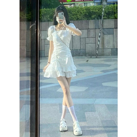 FHHUABD Internet Celebrity White Kleid für Frauen im Sommer, rein, schlank und hüftgerüste, süße erste Liebe weiße Puffärmel 698# [Weißer langer Stil] L empfohlen 100-110Jin [Jin ist 0,5 kg]