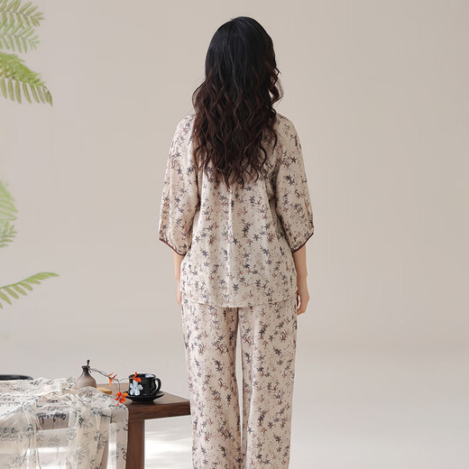 
Kuaishen pajamas for women in summer 70-quarter sleeve loose silk cotton 2025 new style for outside wear for women's mother home clothing set 1342 M [155-160CM/80-100Jin[Jin equals 0.5 kg]]