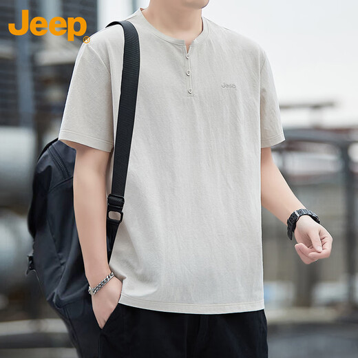 吉普（JEEP）冰丝短袖T恤男士夏季亨利领休闲上衣薄款凉感衣服男装 杏色 XL
