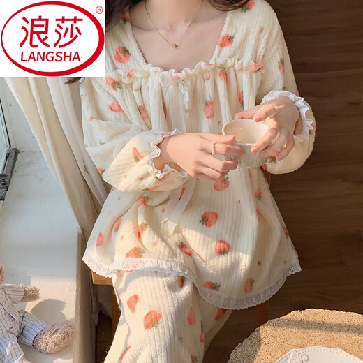 浪莎（LangSha）珊瑚绒睡衣冬季女款甜美长袖法兰绒日系加厚加绒春秋天家居服套装 9922 M 【80-100斤】