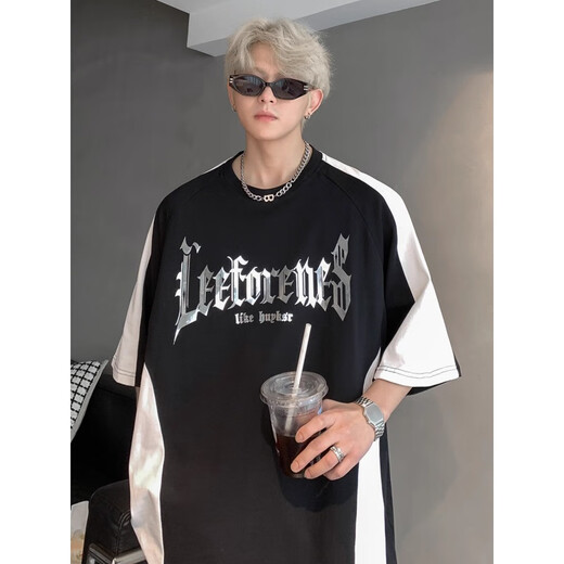 POUM Camiseta de manga corta para hombres Poum Camiseta de manga corta Impresión de letras de verano para hombres American High Street Bloqueo de color Hands Blaking Color de manga corta YHSFG-D5012 Black XL