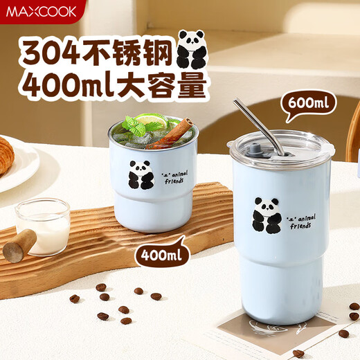 MAXCOOK Water Cup Mug with Lid 304 Stainless Steel Cup Coffee Cup Cold Drink Cup Portable Large Capacity Straw Cup 400ml Panda Sky Blue MCB9712