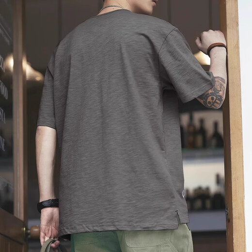 KAZUKI KURAISHI Summer American Retro Bamboo Side Short Sleeve T-shirt Men's Henry Shirt Fashion Brand Casual Men's Dark Gray XL