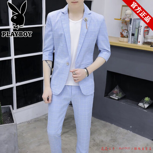 花花公子品牌薄款短袖西服套装男士纯色夏季修身潮流休闲亲肤透气小西装男 蓝色格子829 3XL 145斤-160斤