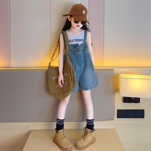 G.DUCKKIDS小黄鸭儿童牛仔背带裤2025新款夏装小女孩儿童休闲短裤百搭薄款套 蓝色牛仔背带裤 MEF 150 建议身高145cm左右