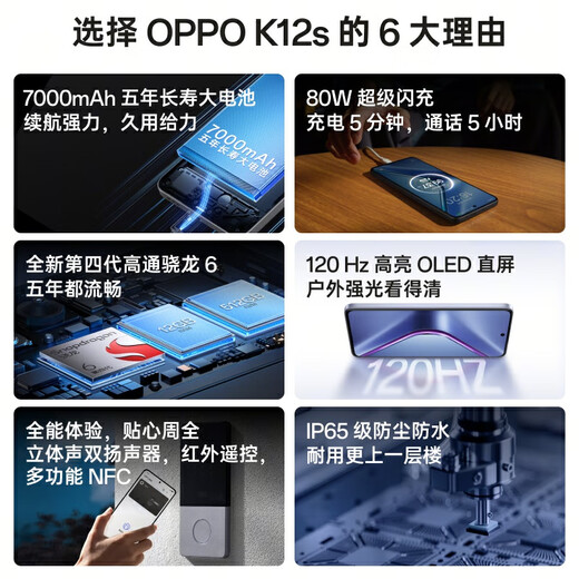 OPPO K12s 5G手机 7000mAh五年长寿大电池 80W超级闪充 全新骁龙6芯片 NFC 红外遥控 AI手机 星芒白 8GB+128GB