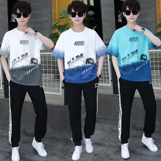 Ruibanglai Summer Teen Teen kurzärmelig T-Shirt Boy 13-15 Jahre alte Schüler der High School School Schüler Große Kinder Sommerkleidung hübsches Sport Set XSD-T9226 White Grey (Top + Pants) XL 115 bis 130jin [Jin gleich 0,5 kg]