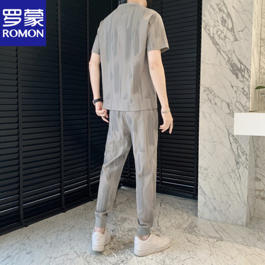 罗蒙（ROMON）套装男夏季冰丝短袖t恤男士潮流修身帅气九分长裤休闲运动两件套 白色719 M 建议85-105斤