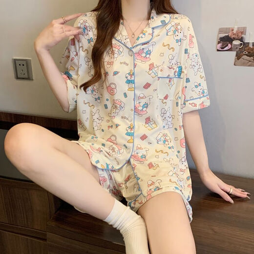 Liushan pajamas for women in summer new short-sleeved trousers pure cotton thin three-piece set sweet and cute student home clothes can be worn outside FS-14107 three-piece set M [75-95]