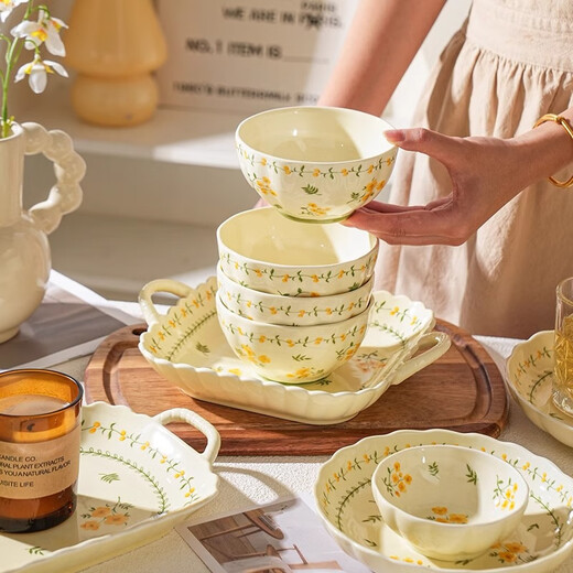 Persson underglaze color bowl and plate set household small fresh ceramic bowl and plate set combination housewarming gift tableware complete set spring cute 2-person meal 7-piece set