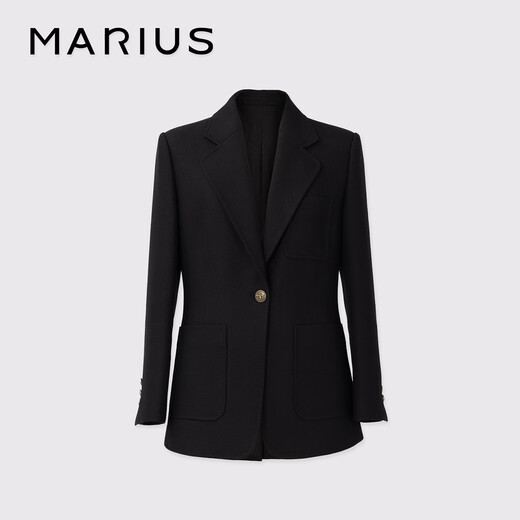 MARIUS Black Label Elegant Old Money Traceable Wool Three Patch Pockets Micro Waist Right Shoulder Blazer Women's Black Blazer XS