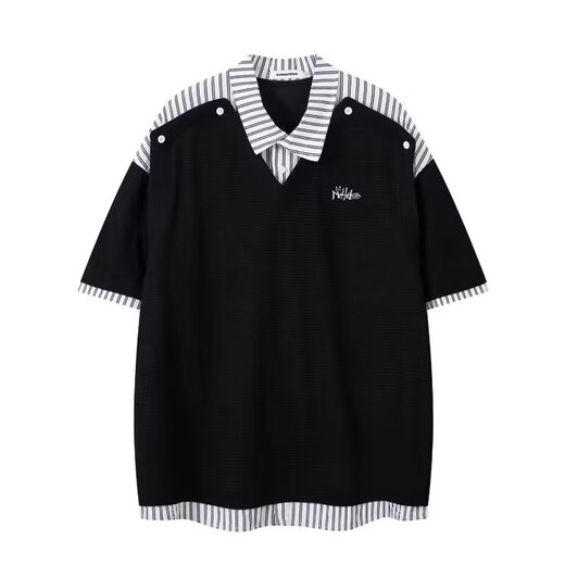 Qinggan 2025 new summer style Henry lapel men's and women's striped splicing unisex shirt collar fake two-piece short-sleeved T-shirt black L