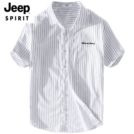 JEEP SPIRIT男士条纹衬衫短袖宽松夏季薄款日系休闲百搭棉衬衣夏装衣服 9721白色 M 斤左右