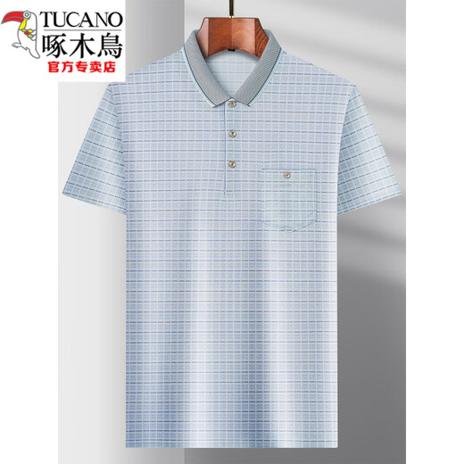 Holzspecker (Tucano) Neuer Männer mittleren Alters mit kurzer Ärmeln T-Shirt Daddy Anzug Sommereis Ice Seiden T-Shirt mit mittleren Dünnverletzungen Top Herren T-Z866 Blau Real Pocket XL 52/175