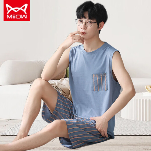Catman MIIOW vest pajamas men's modal spring and summer round neck sleeveless shorts home clothes loose plus size set two-piece set NJR-12026 [Men's suit] L [Suggested 100-140Jin [Jin equals 0.5 kg]]