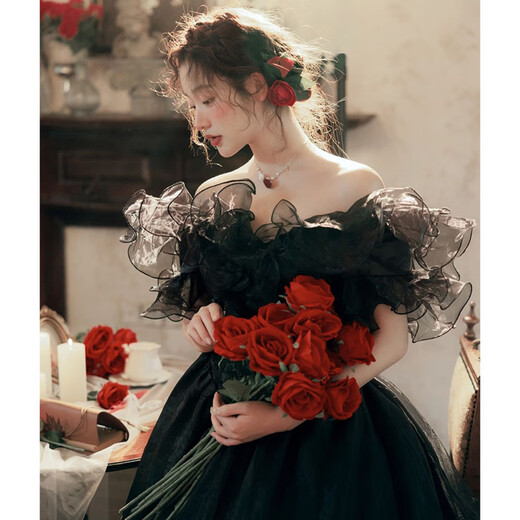 康美诗黑色晚礼服情侣婚纱照订婚写真 红色 L