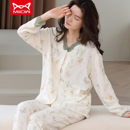 Catman Miiow Pyjamas en coton pur pour les femmes au printemps et à l'automne Cardigan à manches longues pour le costume décontracté de l'âge moyen et jeunes pourdies Coton complet Coton Home Coton Sh14701 Coton pur M (80-100jin [Jin est égal à 0,5 kg]))