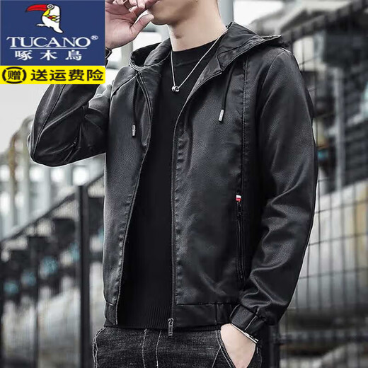Woodpecker (Tucano) Kapuzenlederjacke für Männer Frühling und Herbst Jacke 2024 Neue Lederjacke für Winter-Motorrad-Reiten sowie Fleece-Jacke Hemd für Männer schwarz regulär 2xl geeignet für 135-150jin [Jin gleich 0,5 kg]