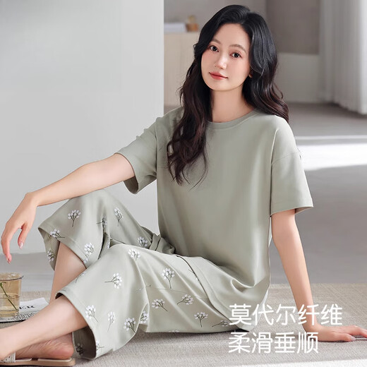莫代尔睡衣女款夏季莫代尔棉短袖七分裤薄款夏天冰丝凉感大码家居服套装 DM13803 XL (170)：建议120-140斤穿着【