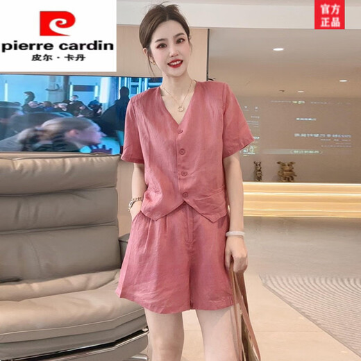 皮尔卡丹（pierre cardin）棉麻套装女夏季2025新款欧货休闲时尚时髦洋气宽松短袖短裤两件套 芥末绿 3XL 【建议140-160斤】