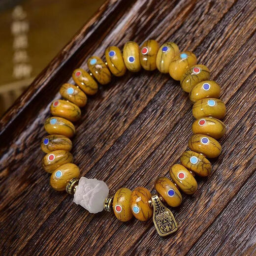 CHAUIYIN FAO Yin Tibetan Return Duobao Inlaid Pills Bead Bracelet Single-ring Cat Eye Stone Glass Accessories Yak Bone Inscription Bracelet A 13565mm
