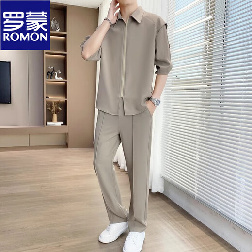 罗蒙（ROMON）冰丝短袖衬衫套装男士夏季休闲轻熟痞帅搭配垂感抗皱西裤男装一套 718卡其色(中袖套装) 2XL 145-160斤