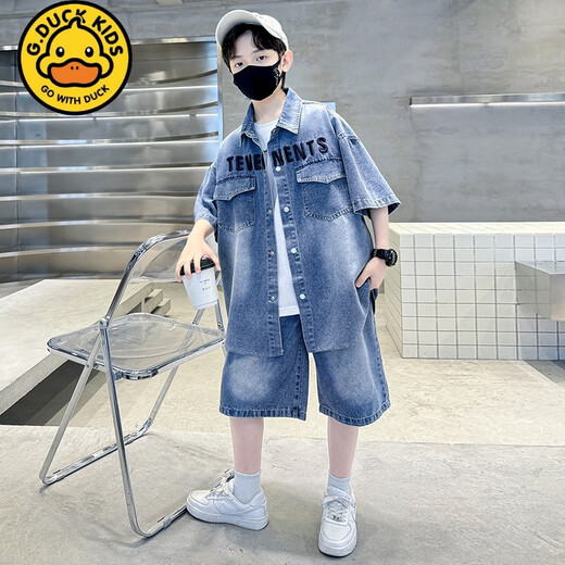 G.Duckkids Little Yellow Duck Boy Sommer Denim Set 2025 Neue Stil mit mittlerer und großer Kinder Sommer Kinder hübsches kurzärmelige Sport-Strickjacke TZK677-Blue-Anzug 120 Empfohlene Höhe 140-150 cm