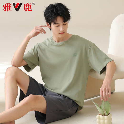 Yalu men's pajamas men's summer thin short-sleeved cotton can be worn outside casual large size boys' home wear suit 42M13601 2XL recommended weight 140-160Jin Jin equals 0.5 kg