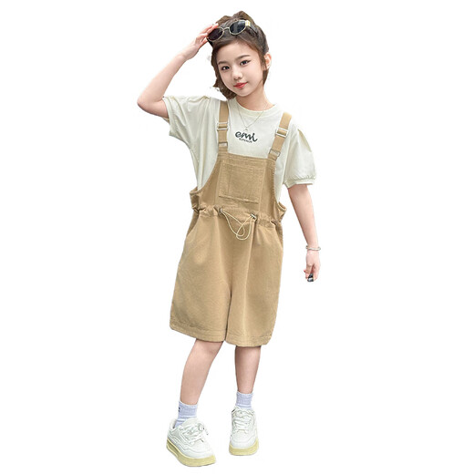 迪士尼女童背带裤套装夏季2025新款女孩宽松休闲短袖T恤初中生两件套 紫色套装 150