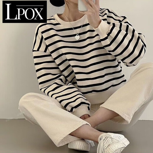 Lpox gestreiftes Sweatshirt für Frauen 2025 Neue Herbst- und Winterstraße koreanischer Stil Lose Ins Style Thin Casual Top mit Velvet 9923 Sweatshirt Black Dünn S 65-80Jin [Jin gleich 0,5 kg]