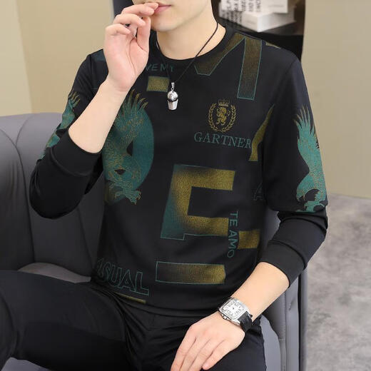 Romon 2025 autumn and winter new men's long-sleeved T-shirt European fashion men's handsome fashionable sweatshirt plus size base shirt T-shirt [Spring and autumn thin style] 6628 black M 90-115Jin [Jin equals 0.5 kg]