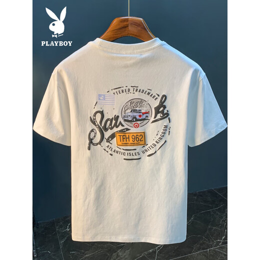Playboy (PLAYBOY) white T-shirt men's summer new high-end trend printed T-shirt American light luxury Xinjiang cotton comfortable short-sleeved T-shirt black [JSW9906 black] M suitable for 90-108Jin [Jin equals 0.5 kg] wear