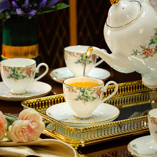 Jingqiu underglaze color high-end water set Jingdezhen high temperature bone china tea set water cup kettle complete set household gift box underglaze color flowery water set 13 pieces