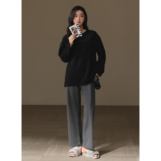 Retenedor estadounidense Nuevo pijama para mujeres en primavera y otoño, casualidad larga de mangas simples sólidas, cuello redondo de cuello redondo, juego de ropa para mujeres - 6195 m (160)