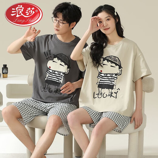浪莎（LangSha）情侣睡衣纯棉短袖短裤夏季男女甜美可爱卡通大码可外穿家居服套装 旗舰店-687 L 单女
