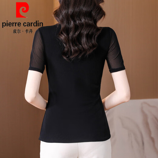 皮尔卡丹（pierre cardin）网纱打底衫女短袖t恤女2025新款夏季黑色妈l妈装小衫修身蕾丝上衣 黑色 A1585【短袖】 2XL