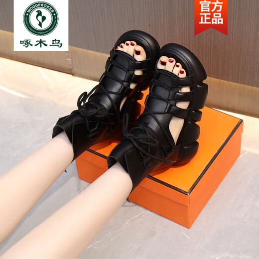 啄木鸟厚底高帮罗马凉鞋女2025新夏季防滑绑带凉靴复古镂空透气鱼嘴凉鞋 黑色 38