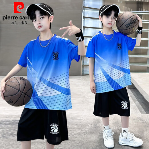 Pierre cardin boys basketball suit summer thin 2025 new mid-large children sports summer suit children's short-sleeved quick-drying clothes blue-9905 short-sleeved suit 120