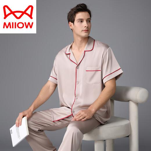 猫人（MiiOW）睡衣男夏季真丝薄款短袖长裤春秋家居服丝绸感欧美2025新款 浅灰色 3899 L (体重100-130斤)