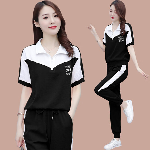 VANCAMEL冰丝短袖时尚休闲运动服套装女2025夏季新款显瘦跑步服时尚两件套 【1389】黑色 M 【建议100斤内】