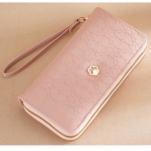 Wan Jiazhen Women's Wallet Long Double Zipper Clutch Korean Style Fashion Wallet Large Capacity Versatile High-end Simple Wallet Double Pull Flower Long Wallet Women Pink